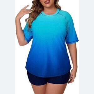 Joybik Blue Gradient Rashguard UPF50 With Black Swim Shorts Set Plus Size 3X/4X